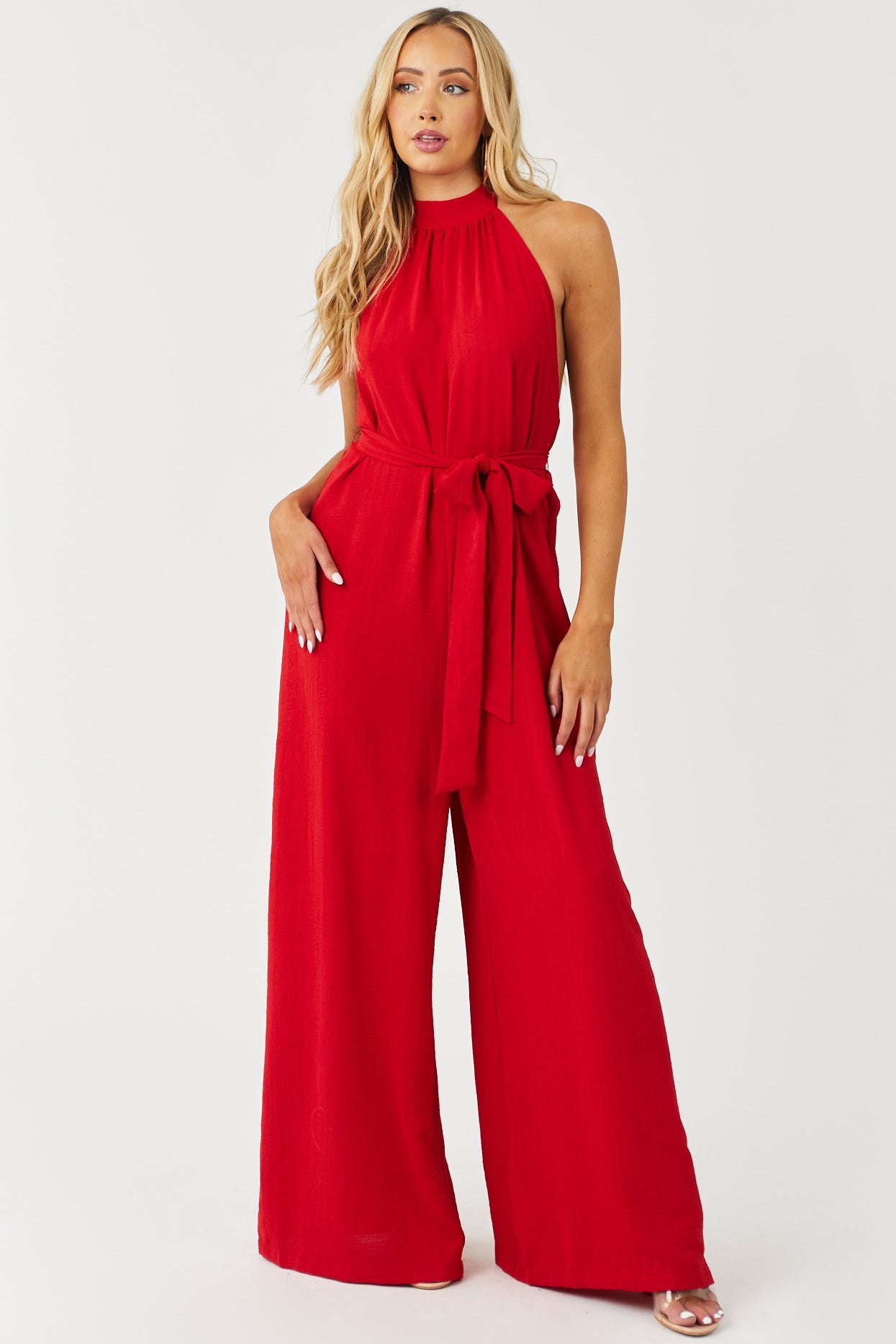 Lipstick Red Halter Neck Wide Leg Jumpsuit