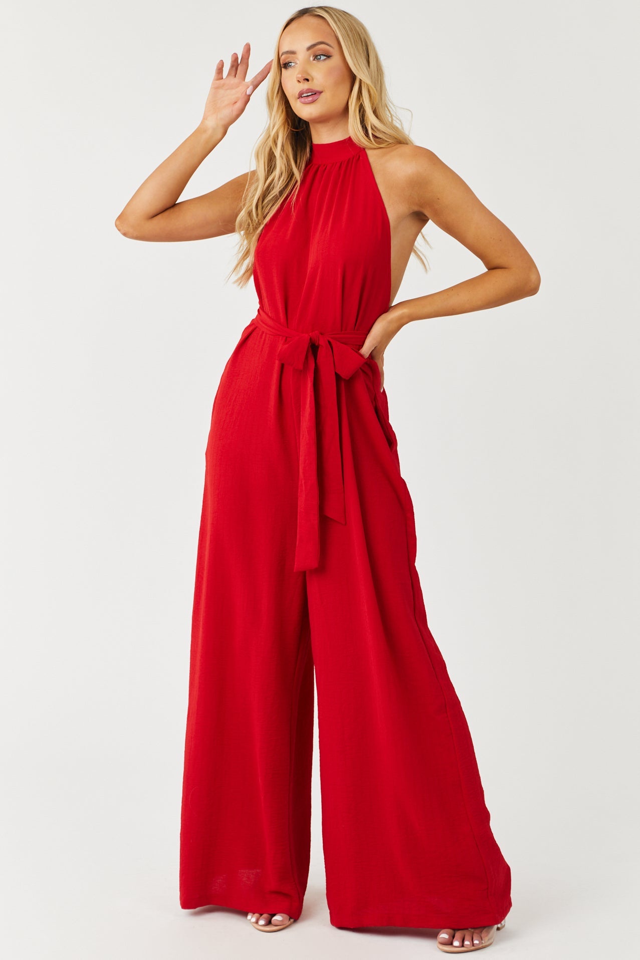 Lipstick Red Halter Neck Wide Leg Jumpsuit