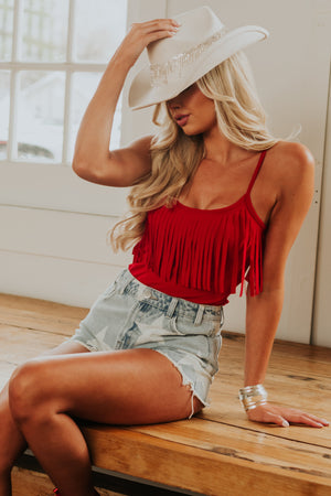 Lipstick Red Sleeveless Bodysuit with Fringe