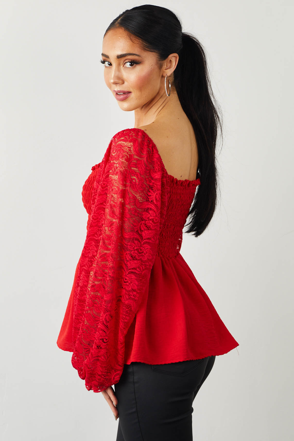 Lipstick Smocked Peplum Blouse with Lace Sleeves