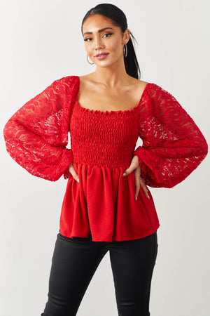 Lipstick Smocked Peplum Blouse with Lace Sleeves
