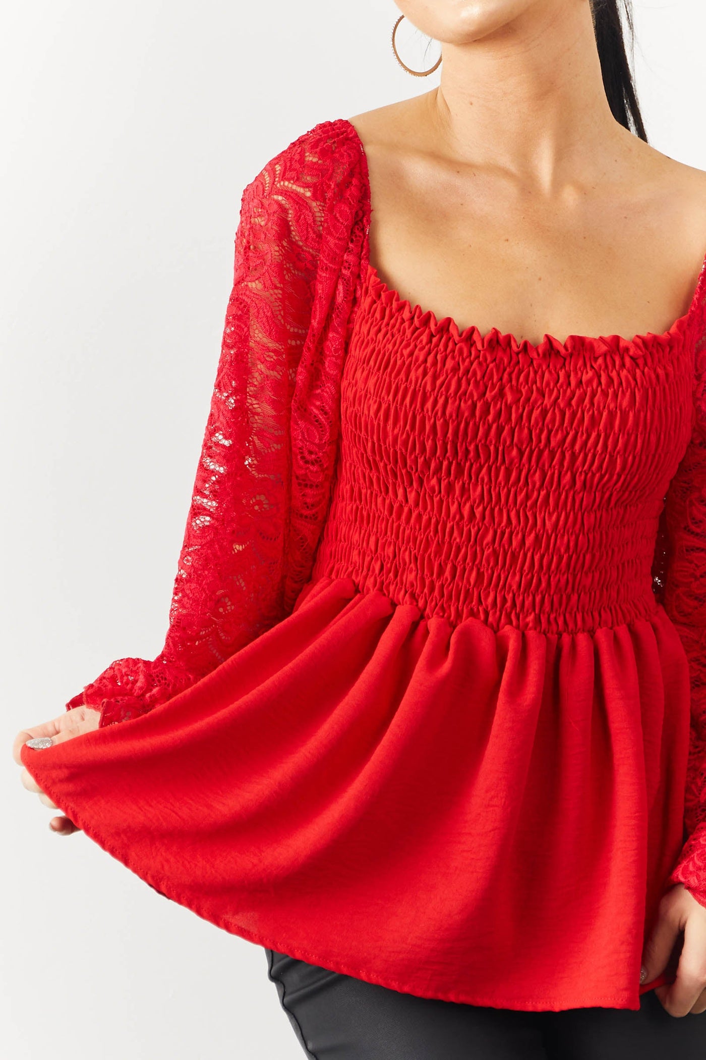 Lipstick Smocked Peplum Blouse with Lace Sleeves