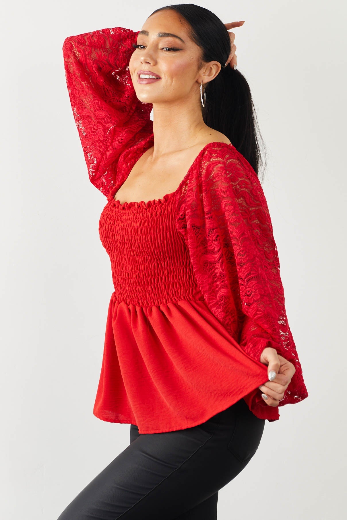 Lipstick Smocked Peplum Blouse with Lace Sleeves