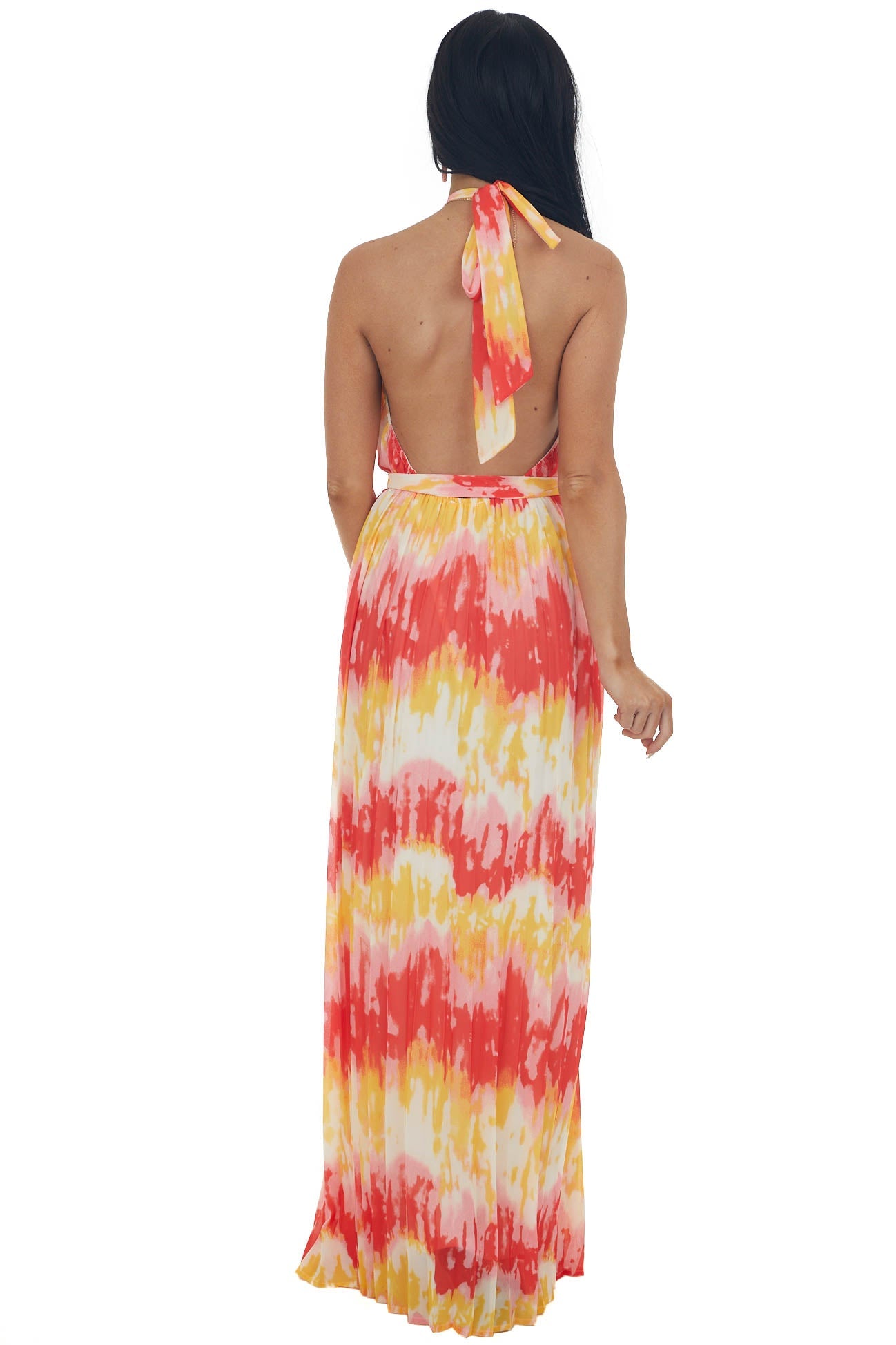 Lipstick and Deep Lemon Printed Halter Maxi Dress
