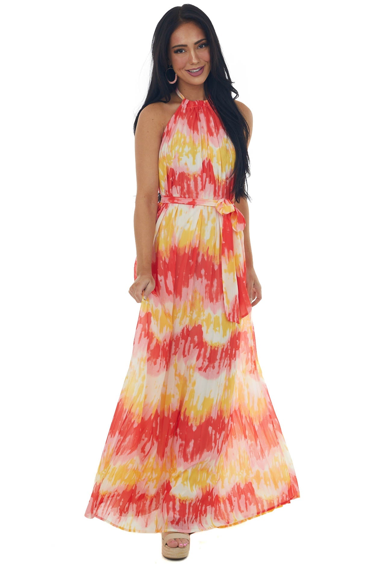 Lipstick and Deep Lemon Printed Halter Maxi Dress