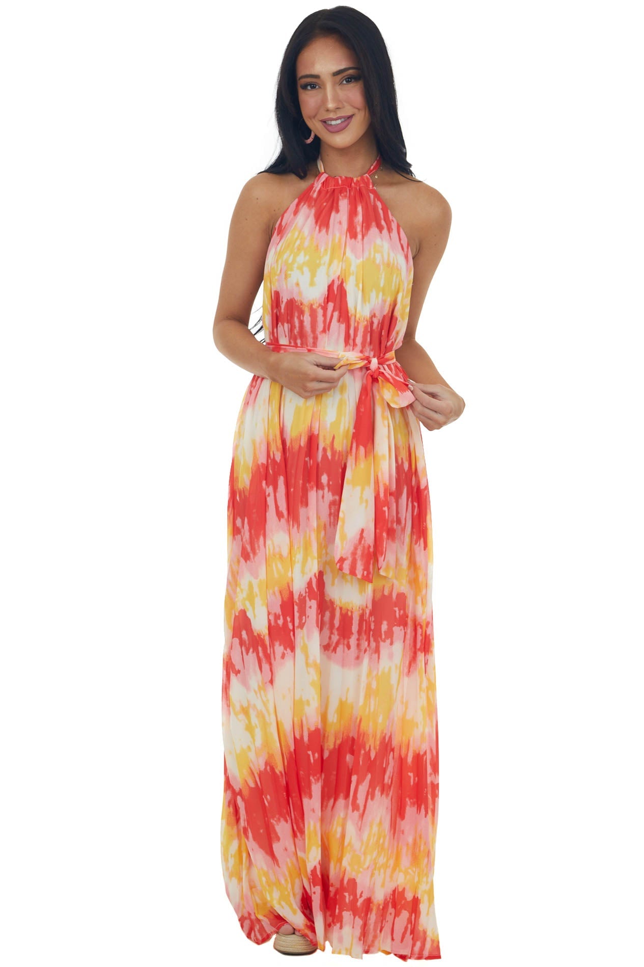 Lipstick and Deep Lemon Printed Halter Maxi Dress