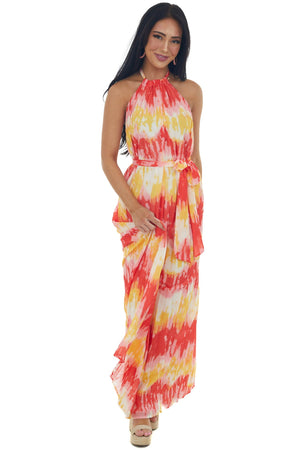 Lipstick and Deep Lemon Printed Halter Maxi Dress