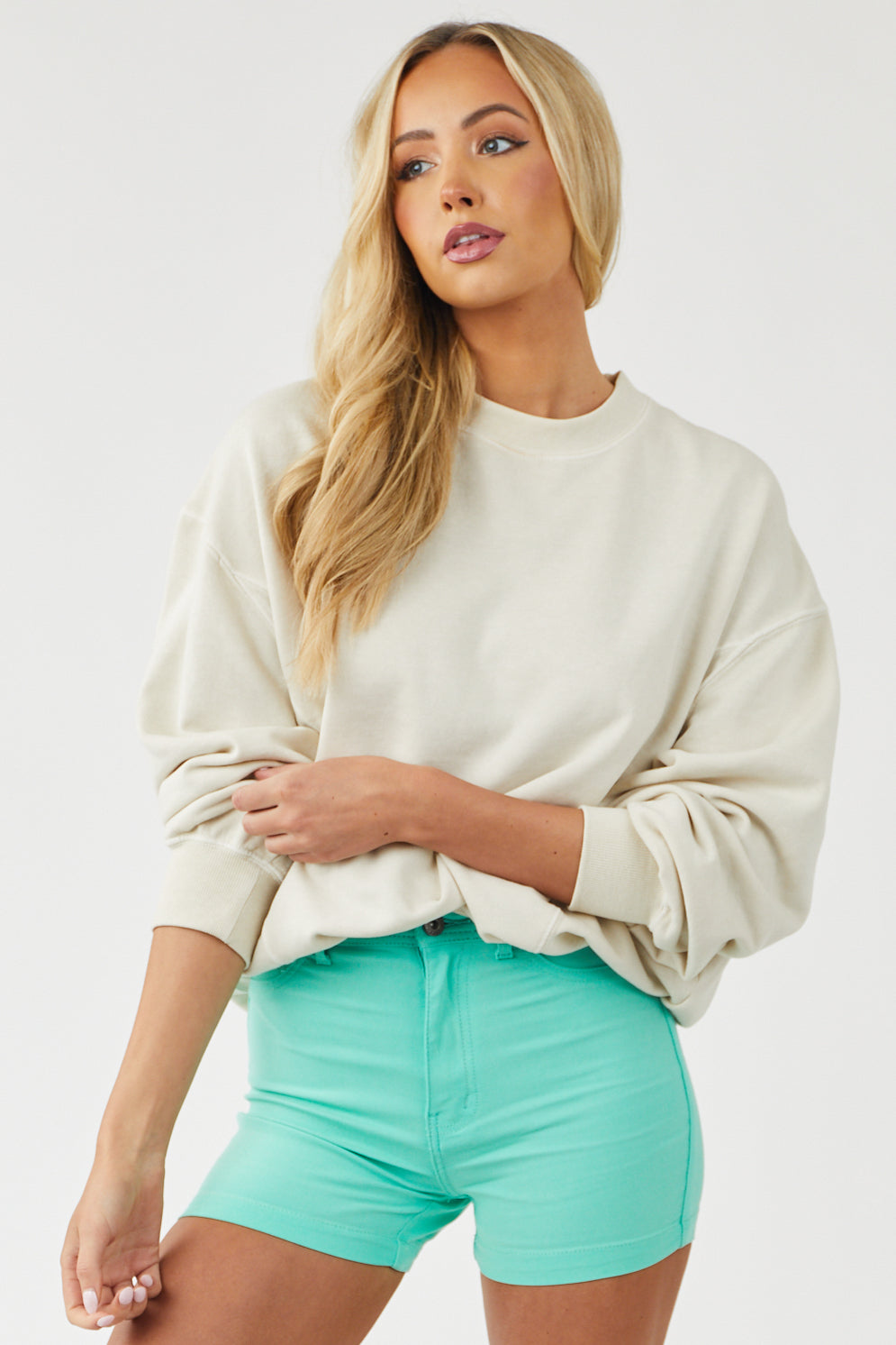 Lucy Mint High Rise Super Stretch Denim Shorts