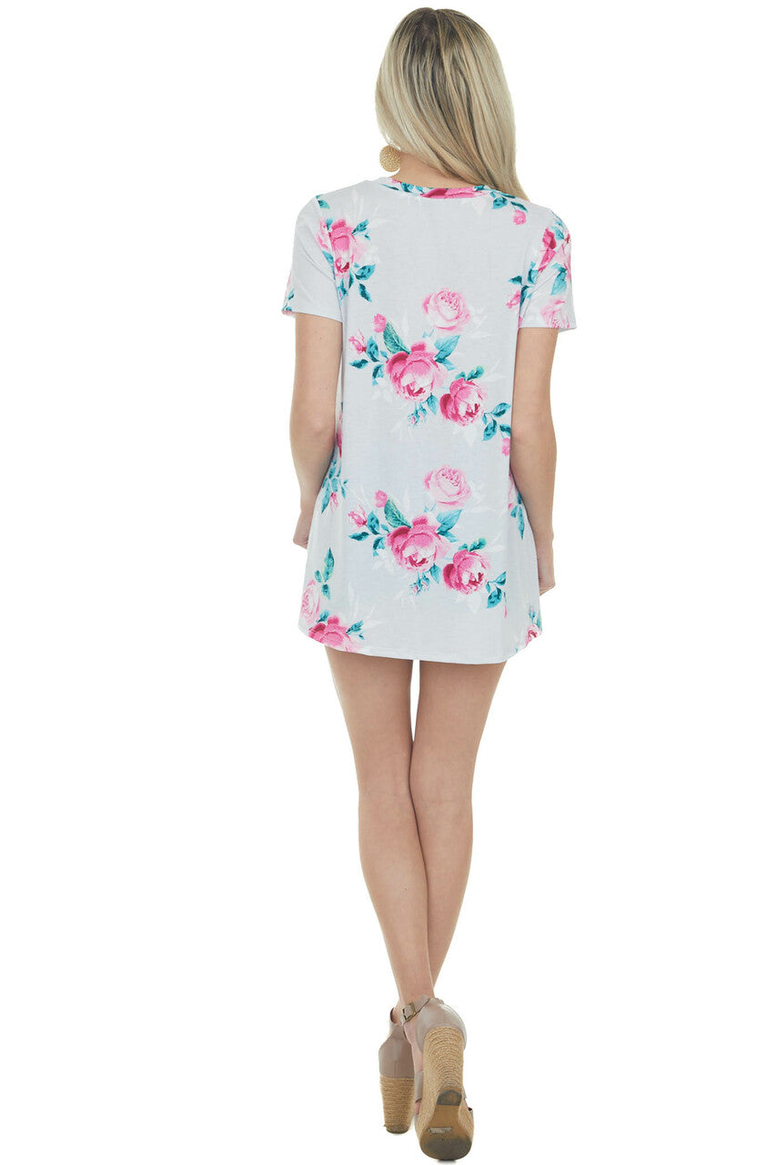 Lunar Grey Floral Print Short Sleeve Top with V Neckline
