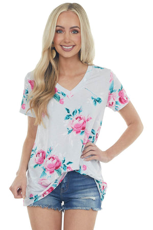 Lunar Grey Floral Print Short Sleeve Top with V Neckline