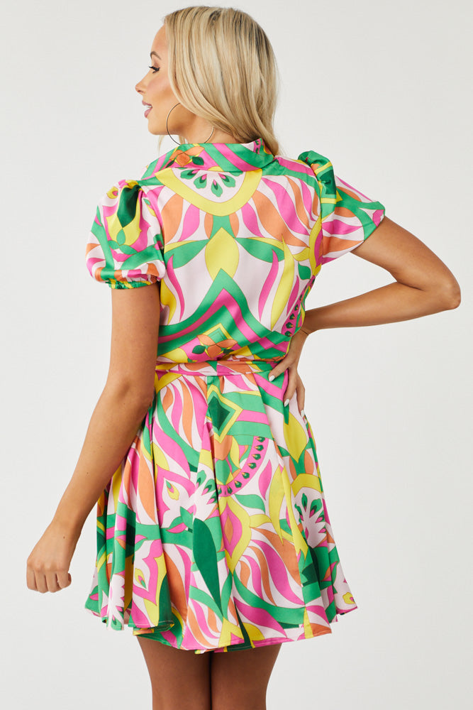 Magenta Abstract Print Button Down Short Dress