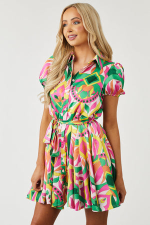Magenta Abstract Print Button Down Short Dress