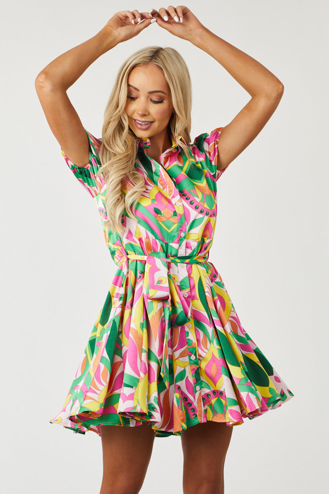 Magenta Abstract Print Button Down Short Dress