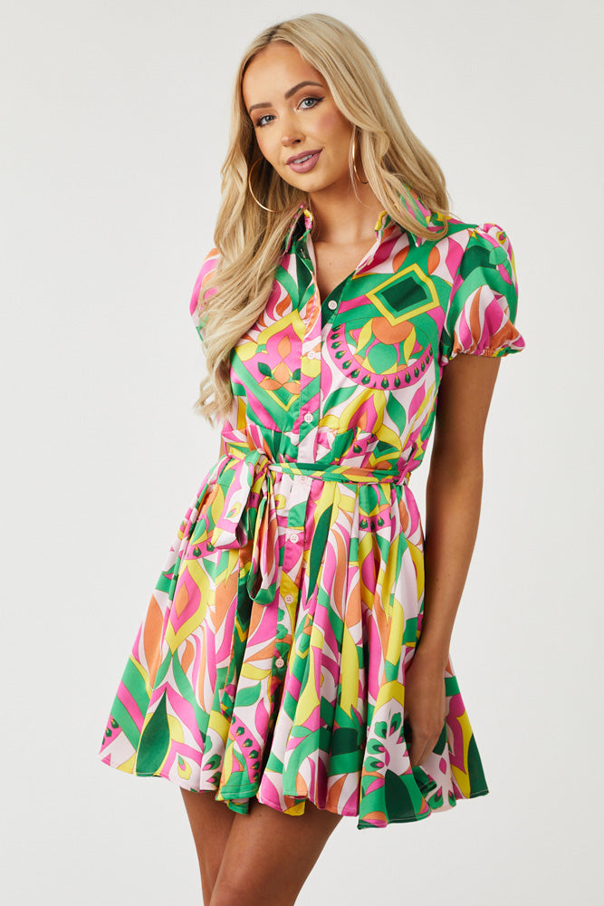 Magenta Abstract Print Button Down Short Dress