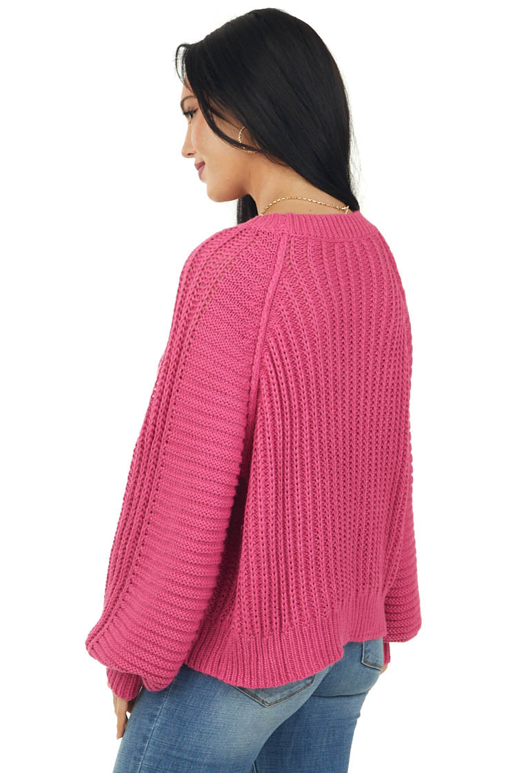 Magenta Bubble Sleeve Ribbed Knit Sweater