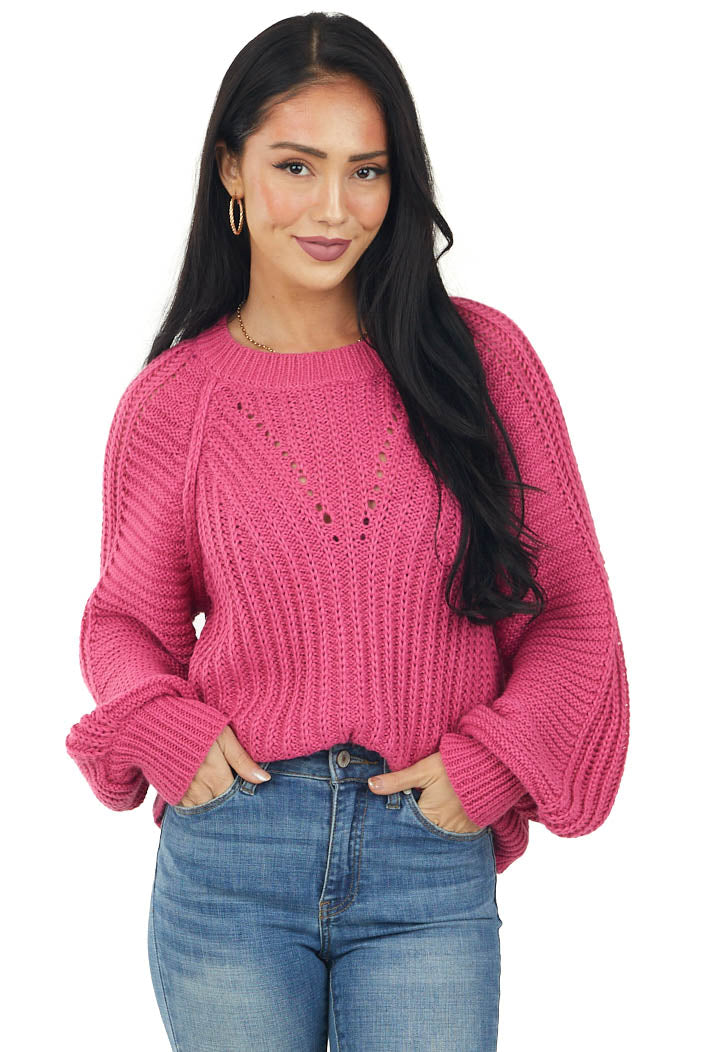 Magenta Bubble Sleeve Ribbed Knit Sweater