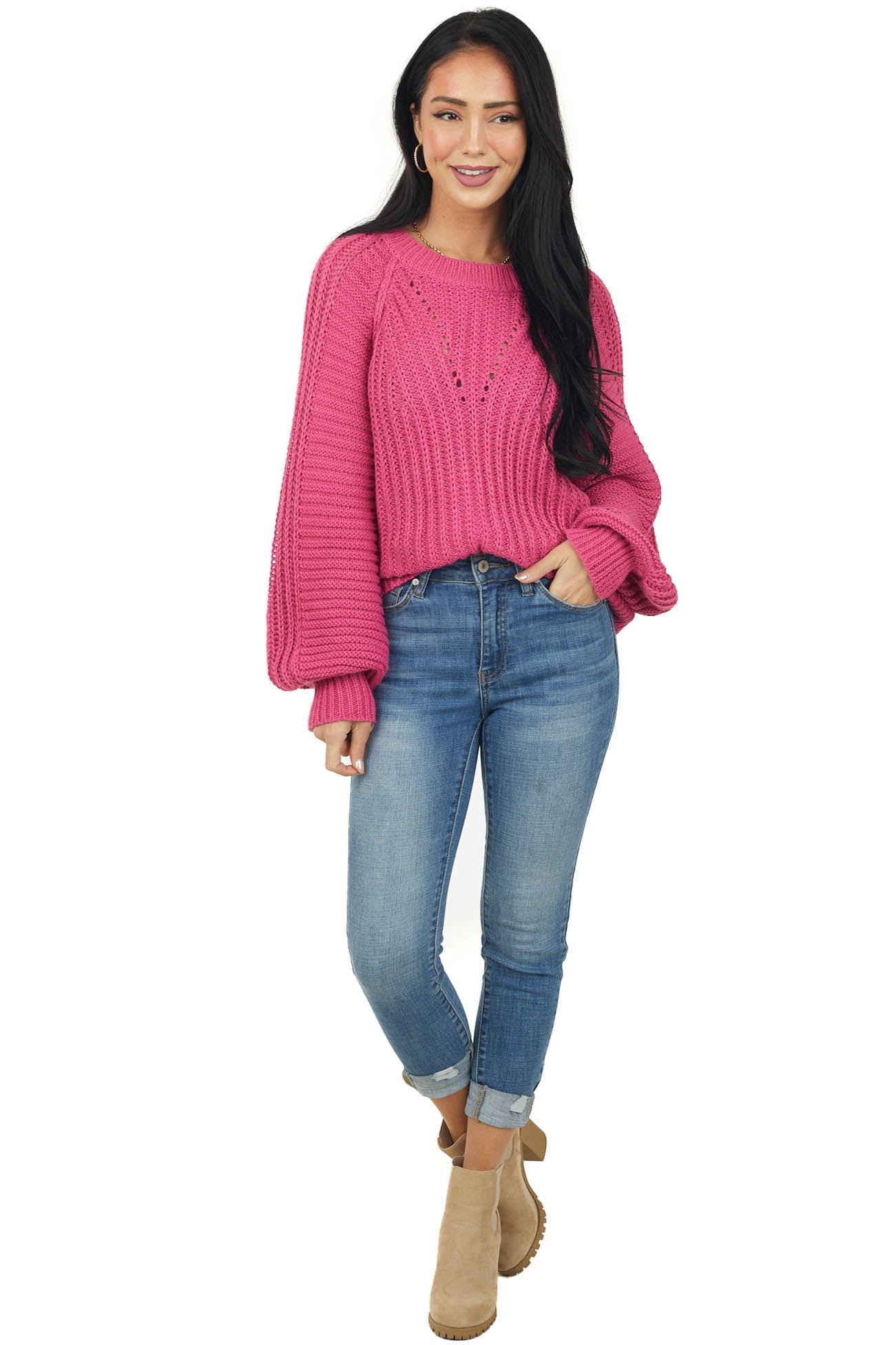Magenta Bubble Sleeve Ribbed Knit Sweater