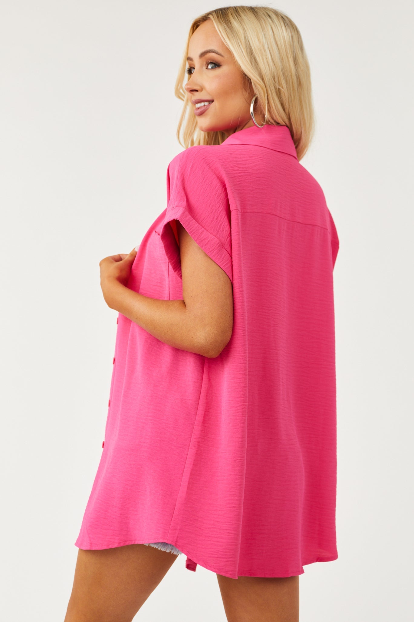 Magenta Button Down Short Cuffed Sleeve Top