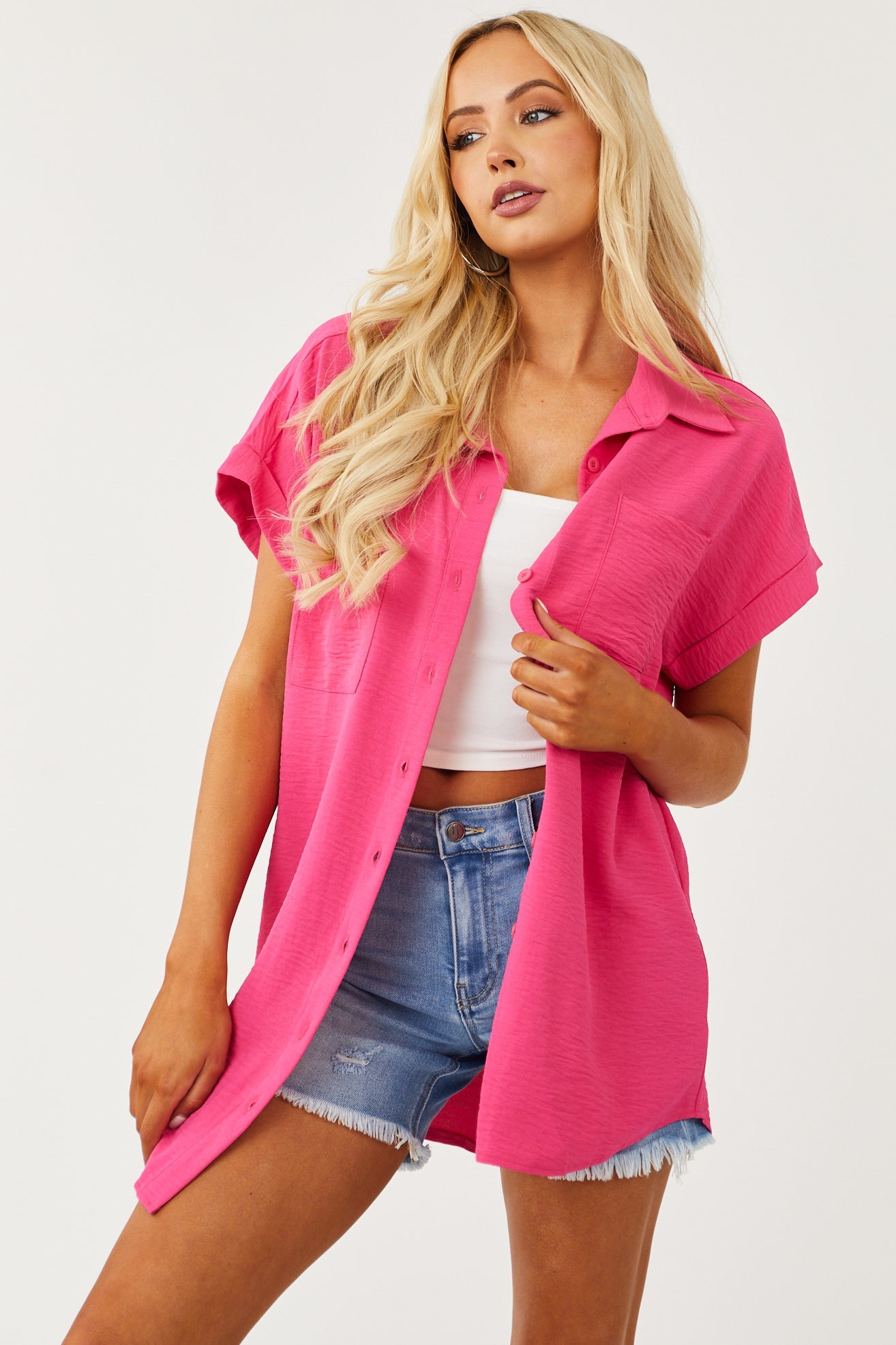 Magenta Button Down Short Cuffed Sleeve Top