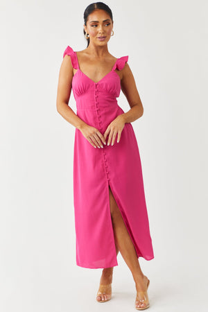 Magenta Button Front Ruffle Strap Midi Dress