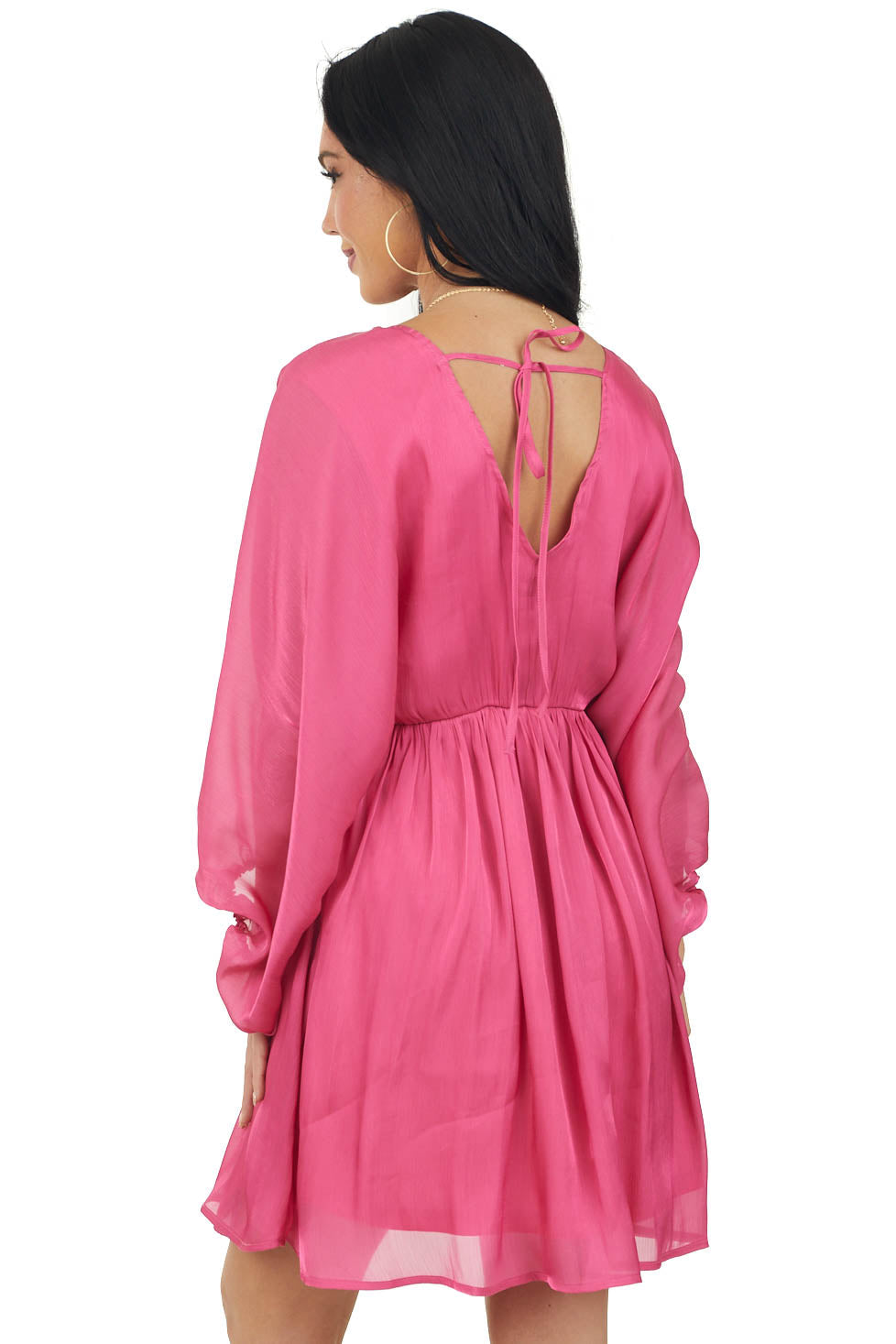 Magenta Dolman Sleeve Metallic Shine Short Dress