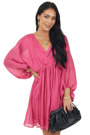 Magenta Dolman Sleeve Metallic Shine Short Dress
