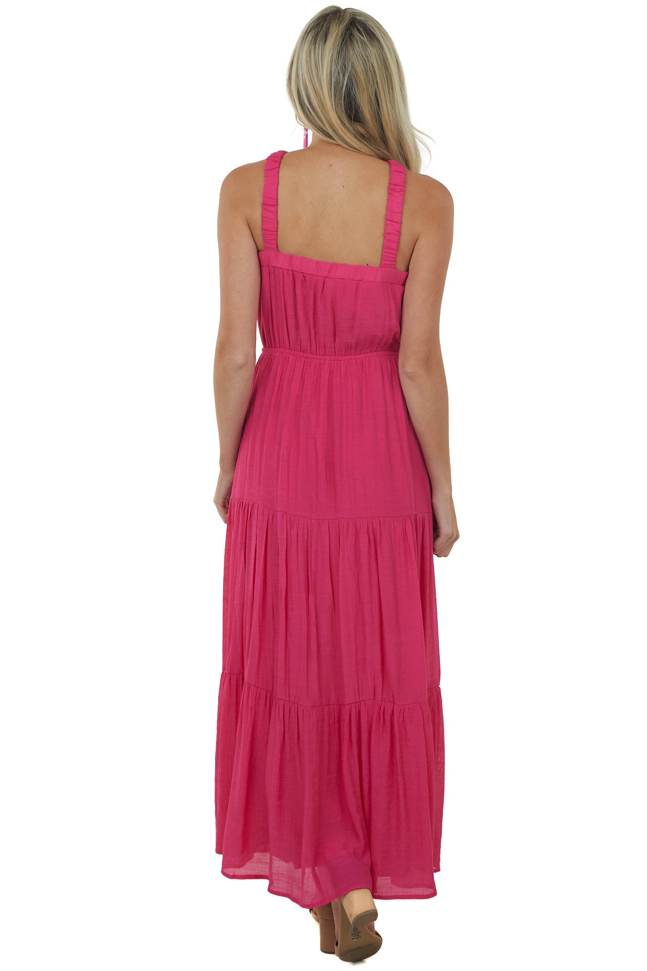 Magenta Elastic Halter Neck Tiered Maxi Dress