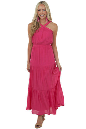 Magenta Elastic Halter Neck Tiered Maxi Dress