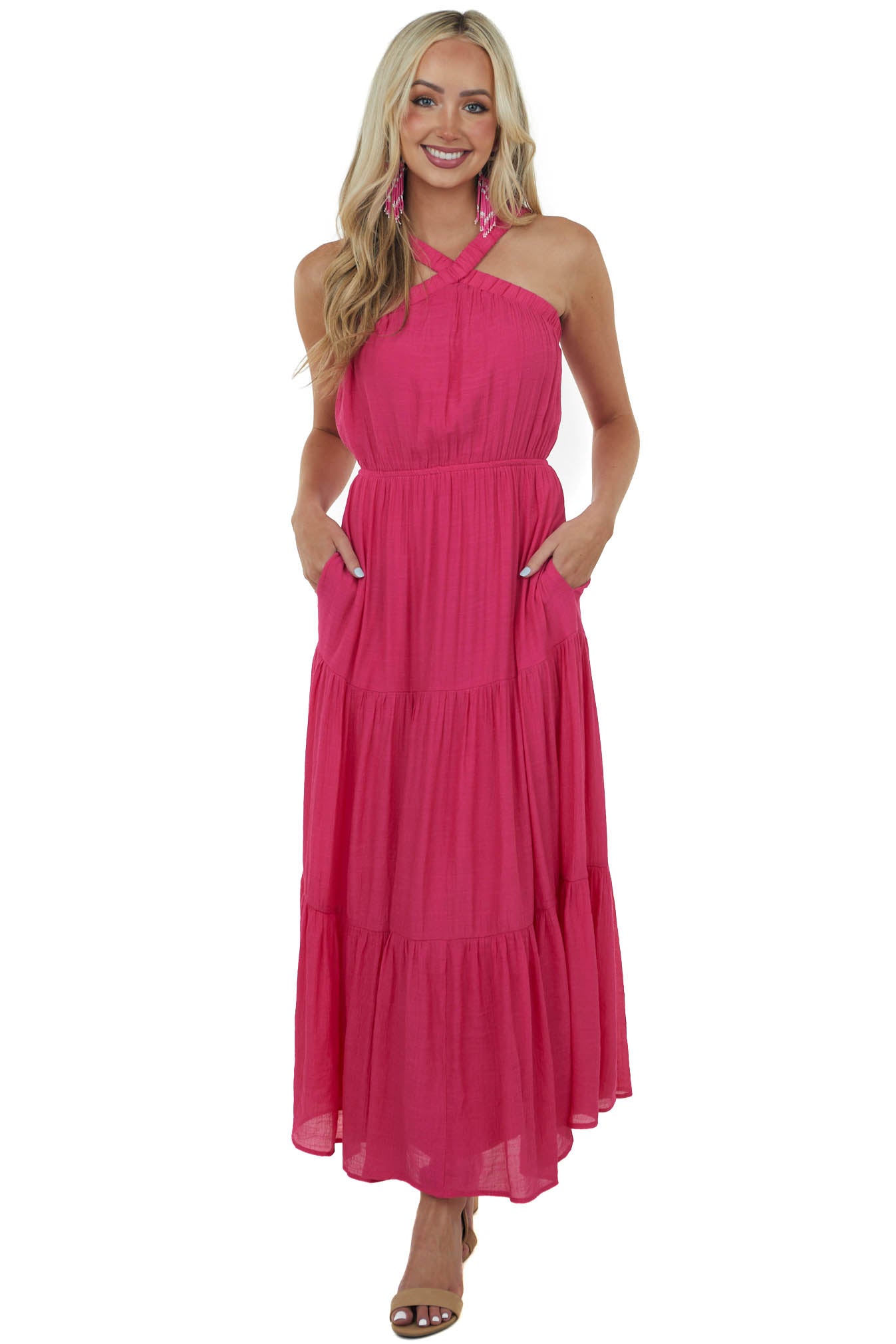 Magenta Elastic Halter Neck Tiered Maxi Dress