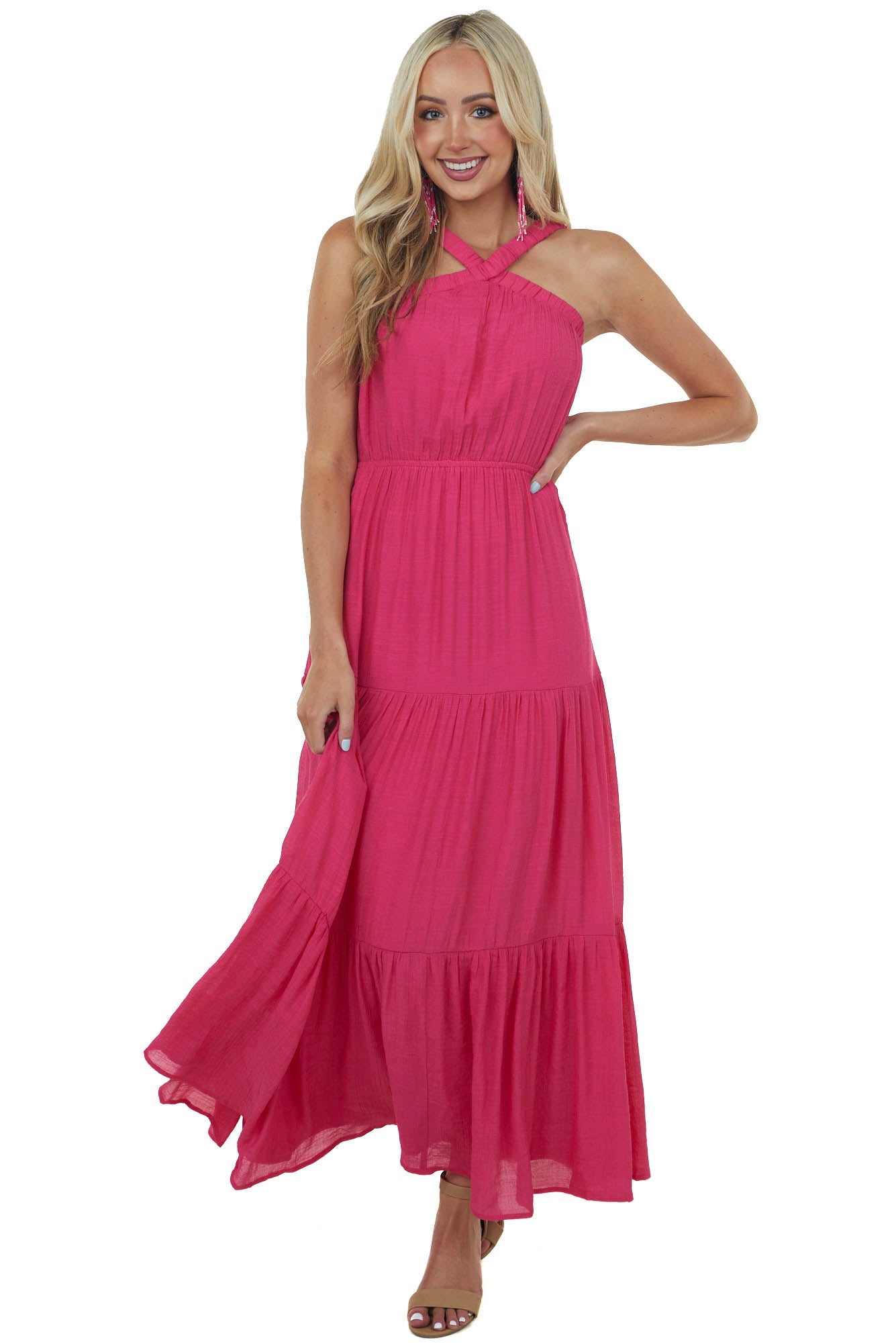 Magenta Elastic Halter Neck Tiered Maxi Dress