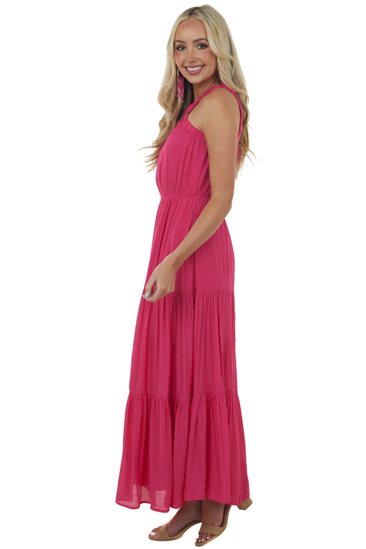 Magenta Elastic Halter Neck Tiered Maxi Dress