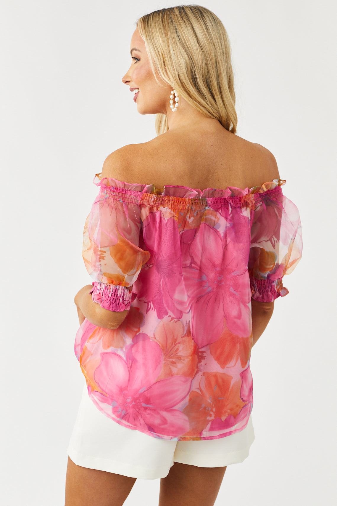 Magenta Floral Organza Smocked Short Sleeve Blouse