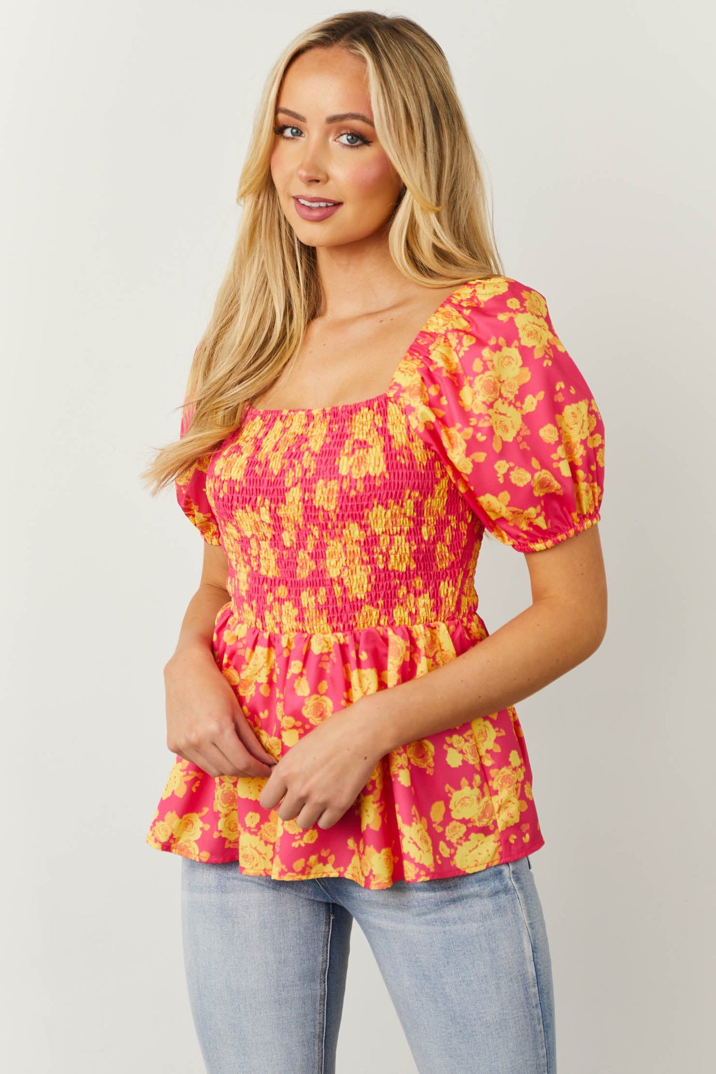 Magenta Floral Puff Sleeve Smocked Peplum Top