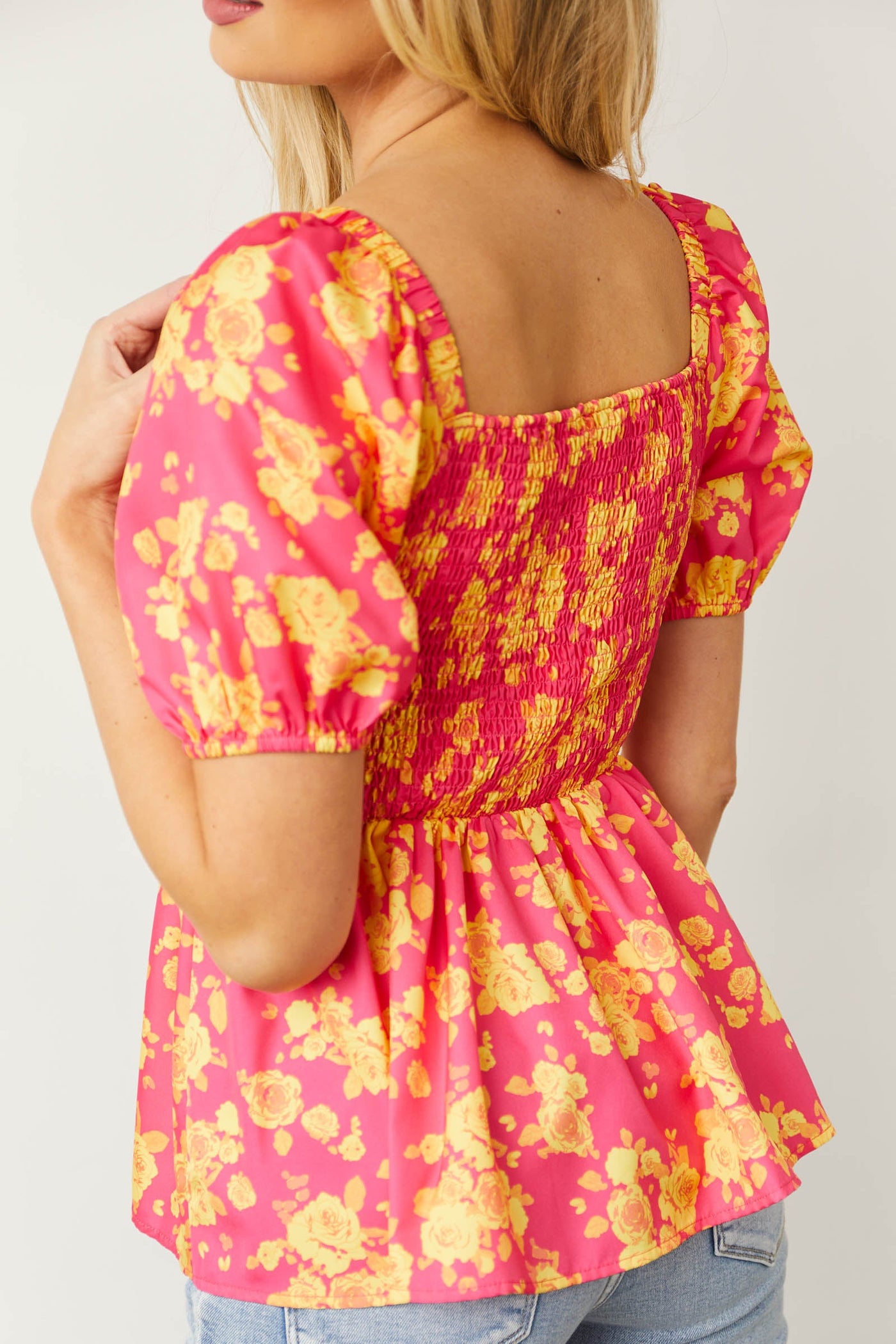 Magenta Floral Puff Sleeve Smocked Peplum Top