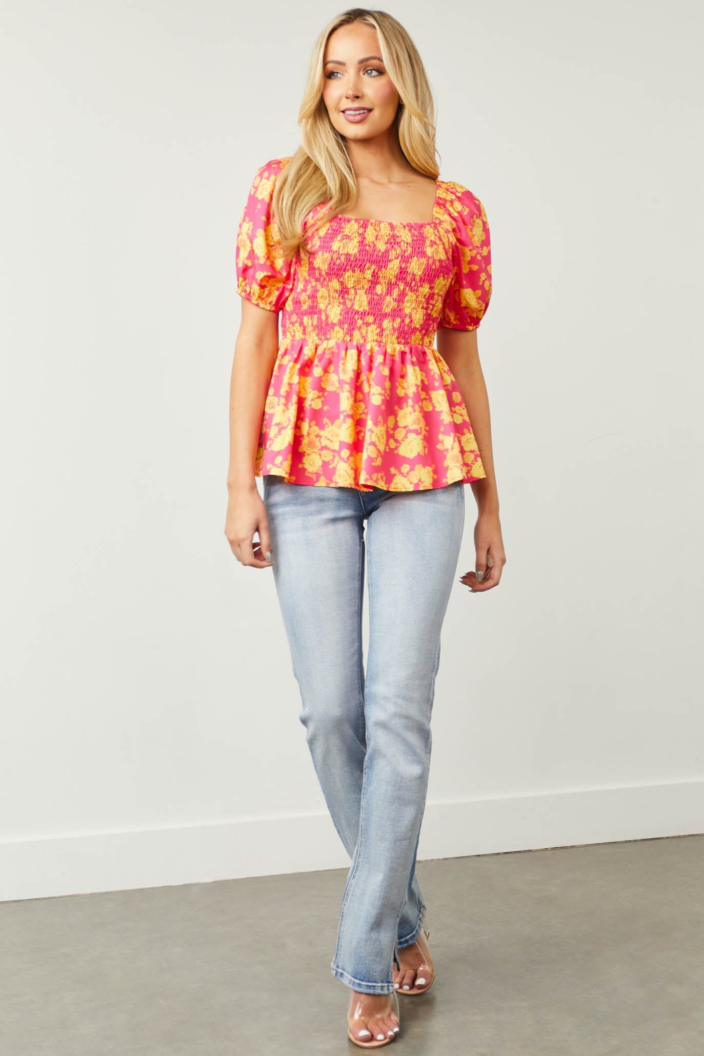 Magenta Floral Puff Sleeve Smocked Peplum Top