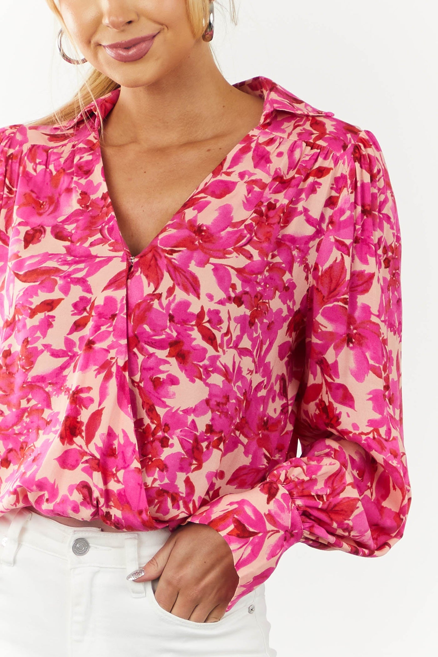 Magenta Floral Surplice Collared Woven Bodysuit