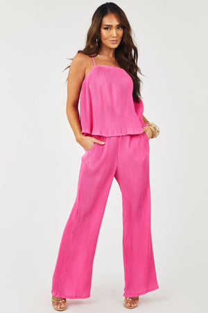 Magenta Flowy Wide Leg and Tank Top Plisse Set