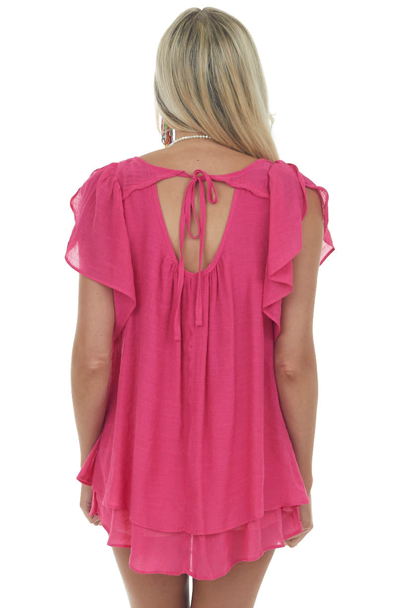 Magenta Flutter Sleeve Back Tie Ruffle Blouse