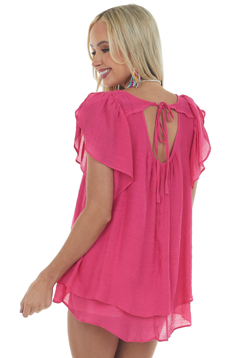 Magenta Flutter Sleeve Back Tie Ruffle Blouse