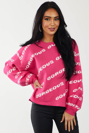 Magenta 'Gorgeous' Print Long Sleeve Sweater