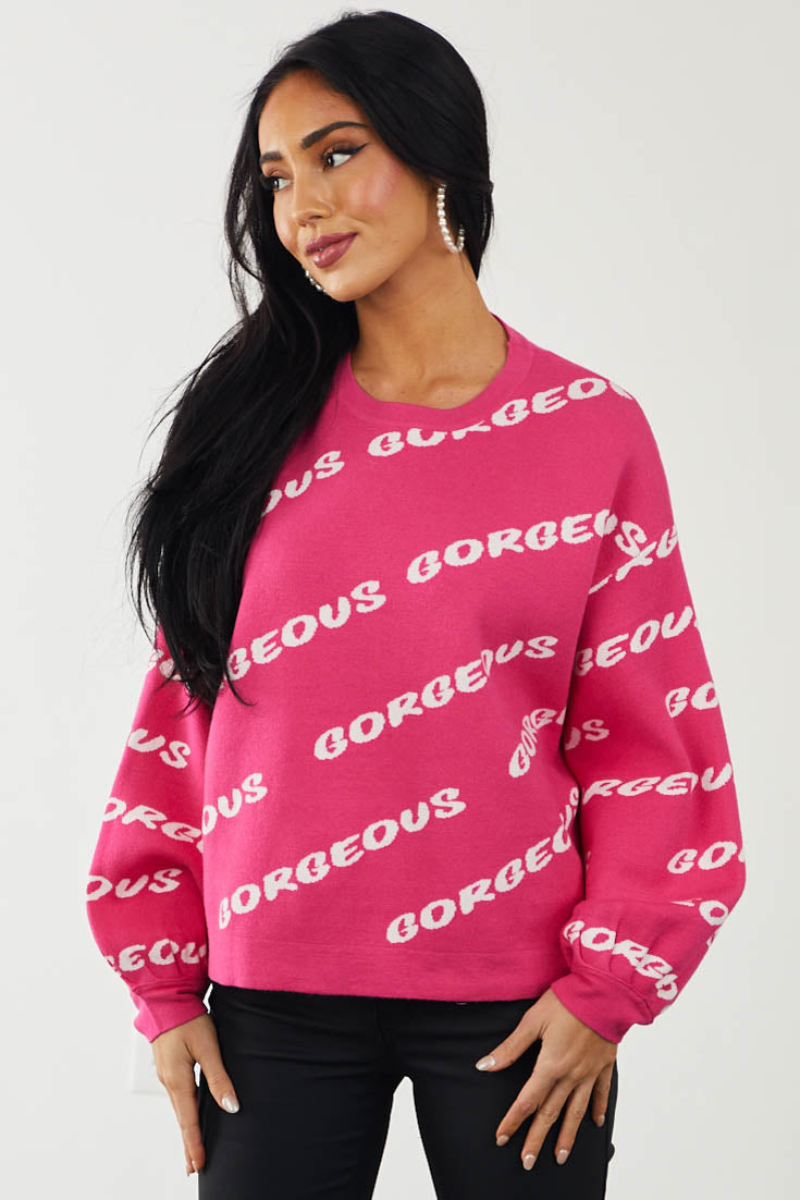 Magenta 'Gorgeous' Print Long Sleeve Sweater