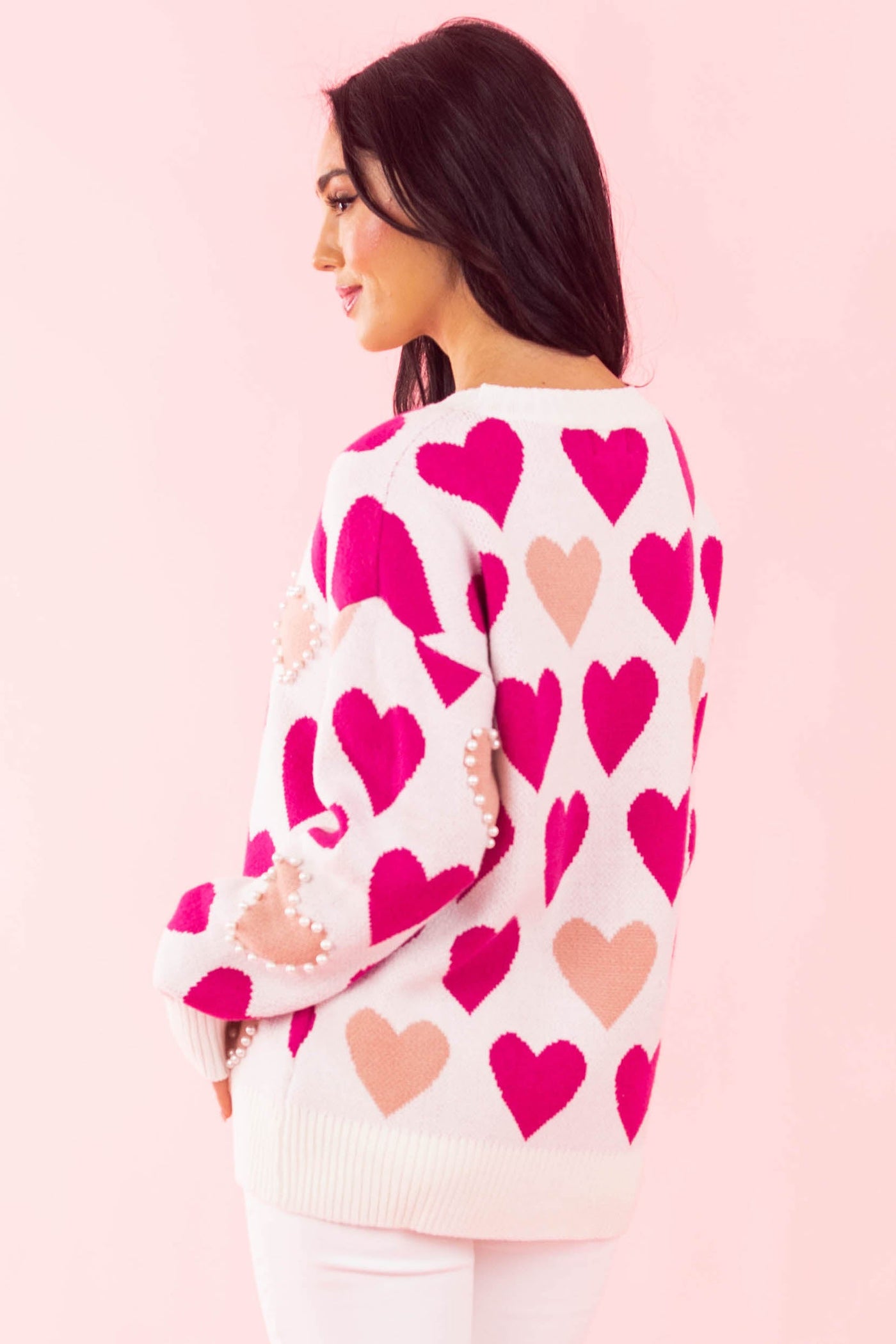 Magenta Heart Print Pearl Embellished Knit Sweater