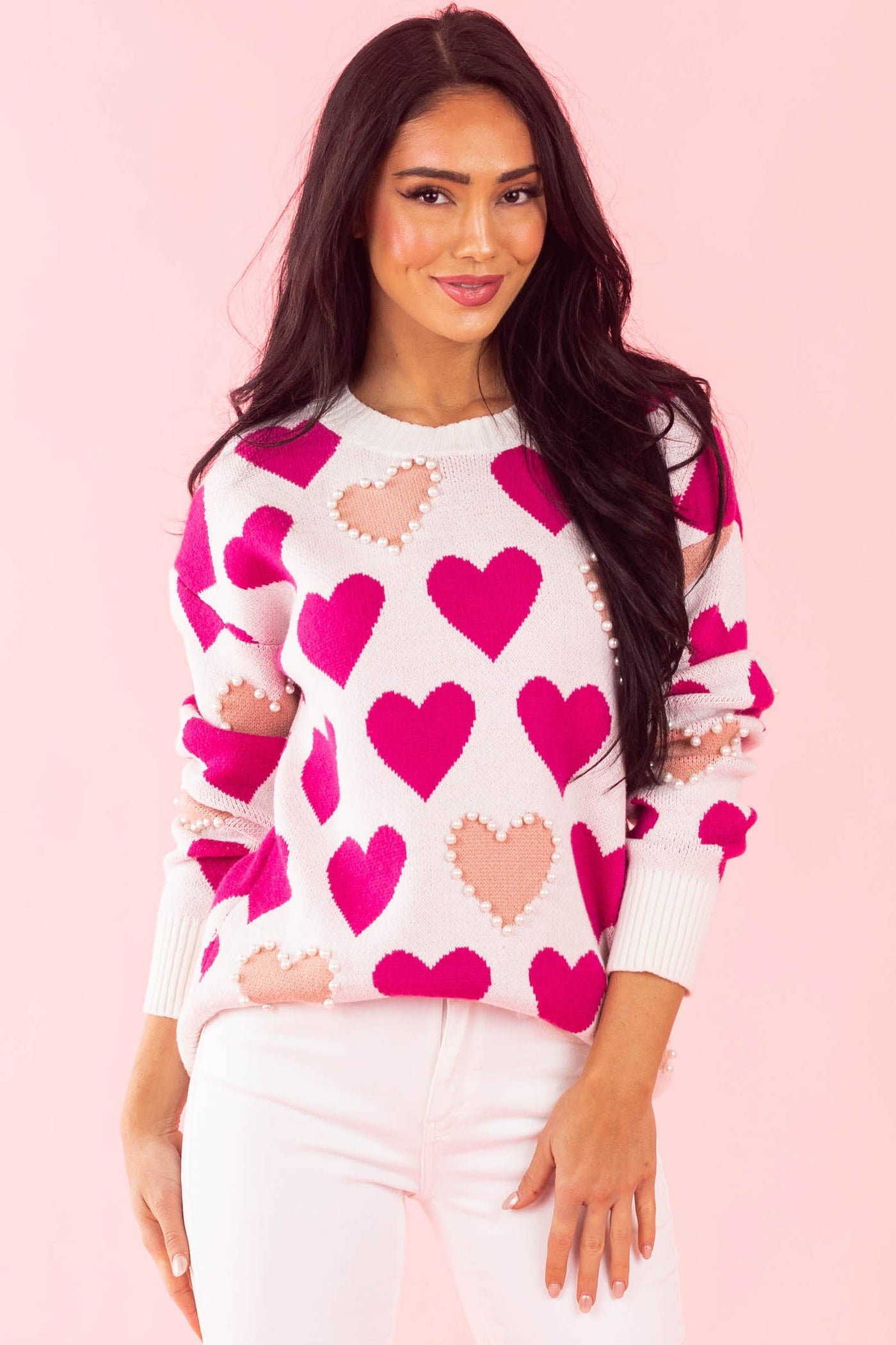 Magenta Heart Print Pearl Embellished Knit Sweater