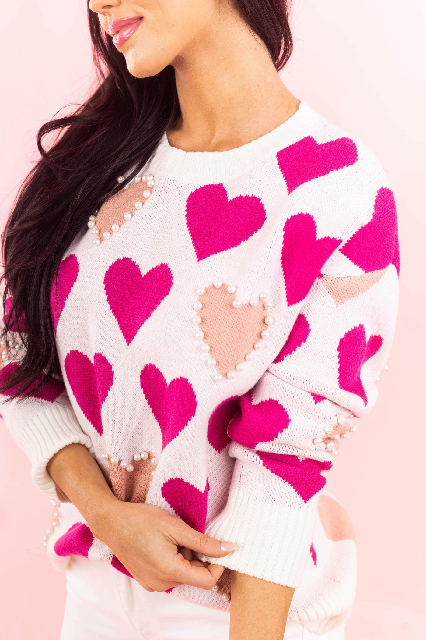 Magenta Heart Print Pearl Embellished Knit Sweater