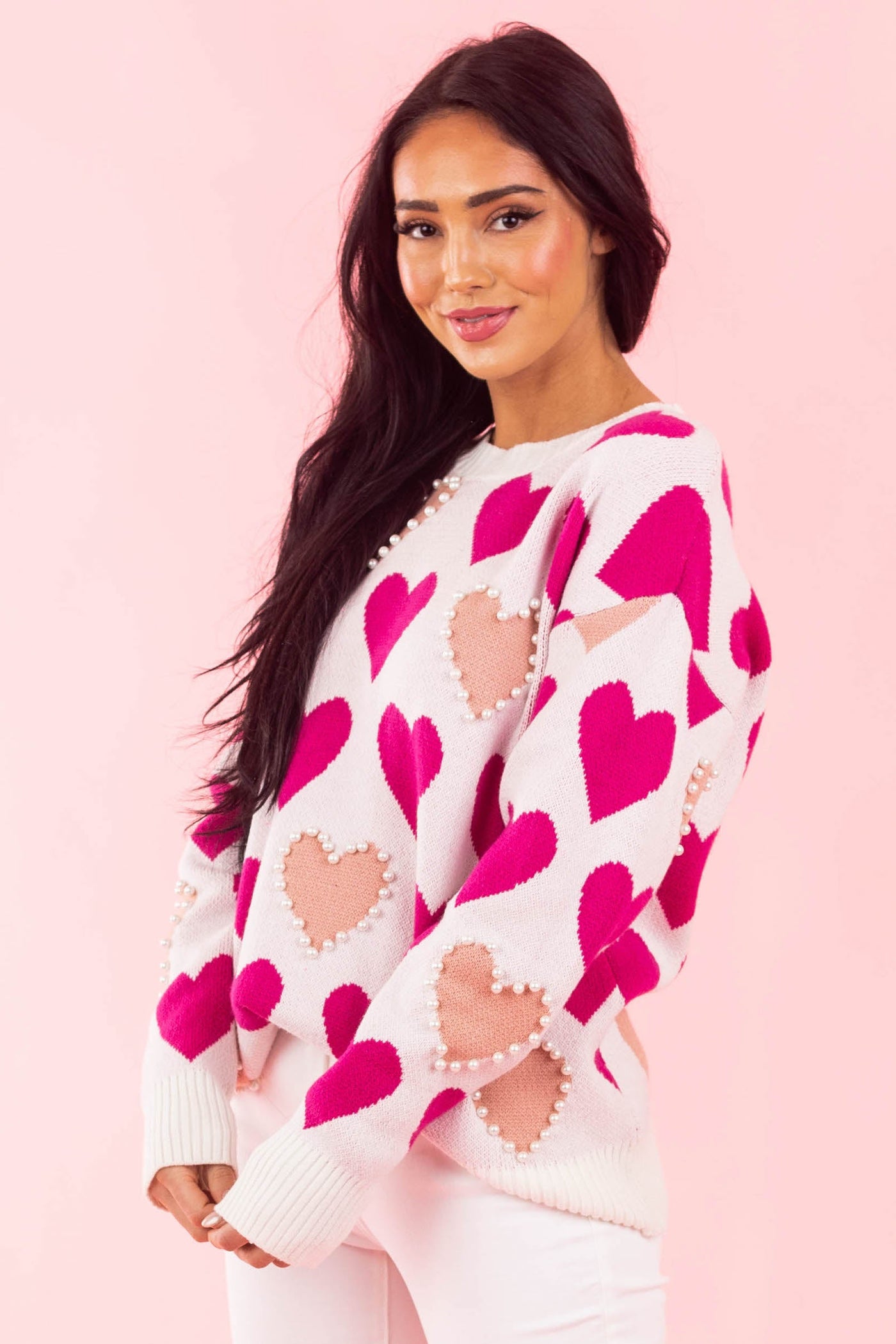 Magenta Heart Print Pearl Embellished Knit Sweater