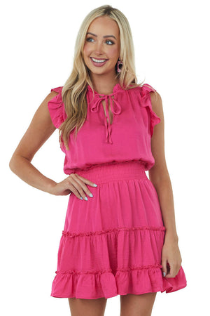 Magenta High Notch Neck Smocked Waist Mini Dress