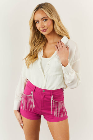 Magenta High Waisted Rhinestone Fringe Shorts