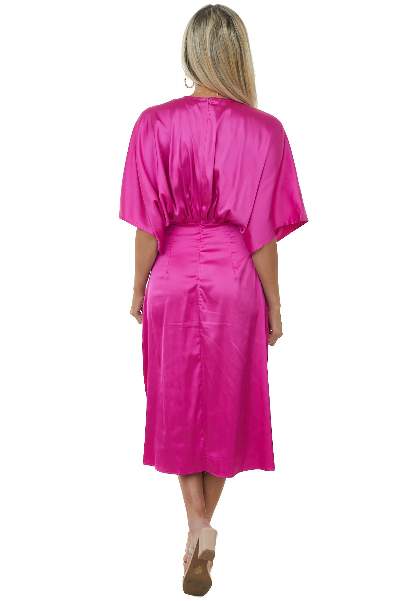 Magenta Kimono Sleeve Satin Midi Dress