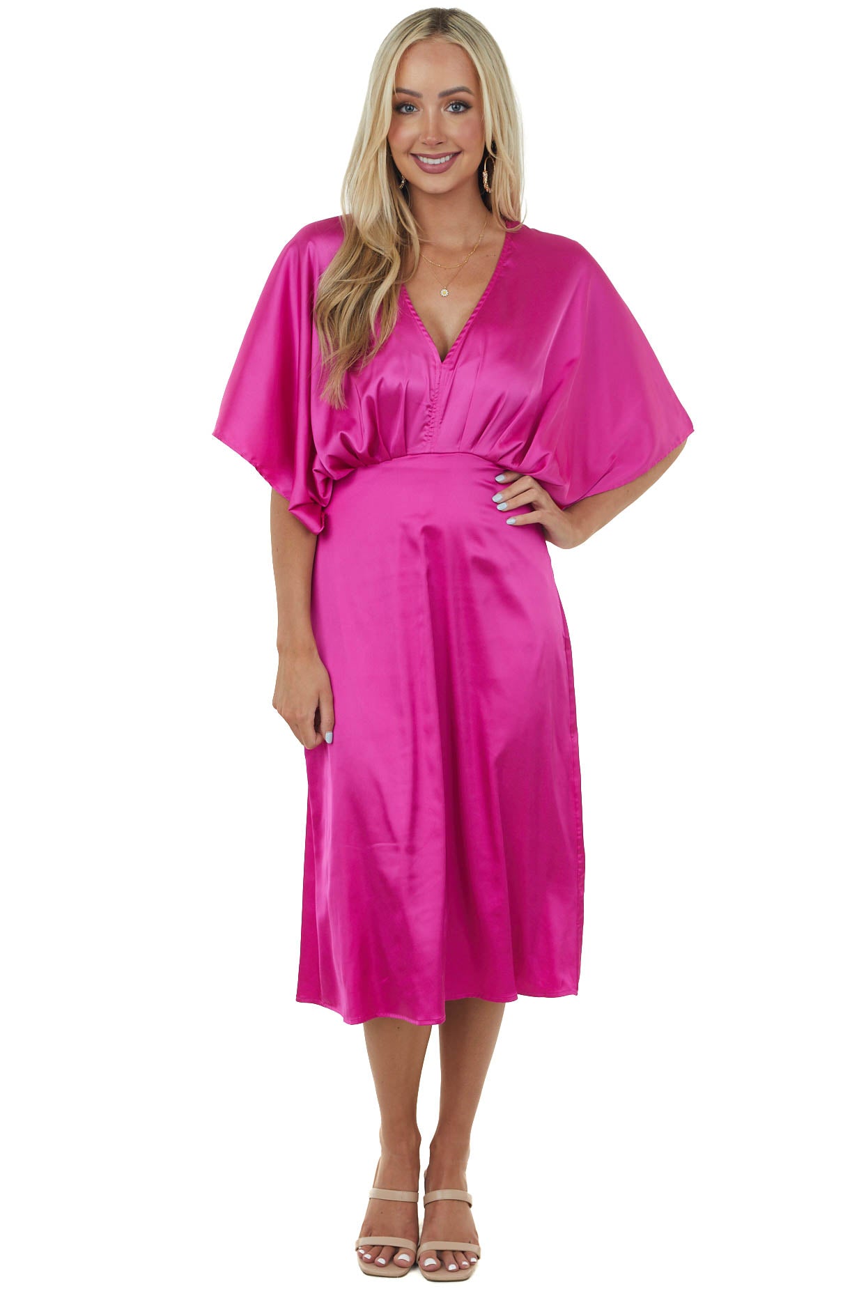 Magenta Kimono Sleeve Satin Midi Dress