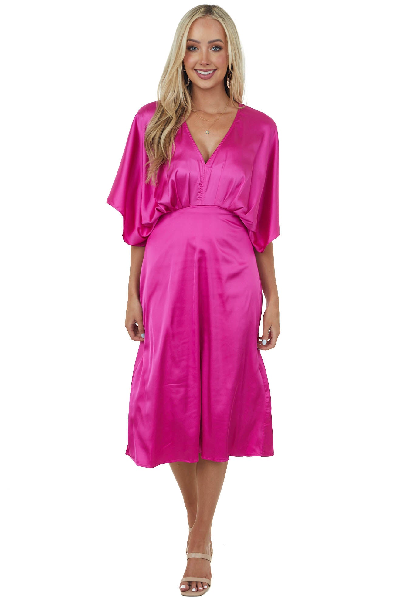 Magenta Kimono Sleeve Satin Midi Dress